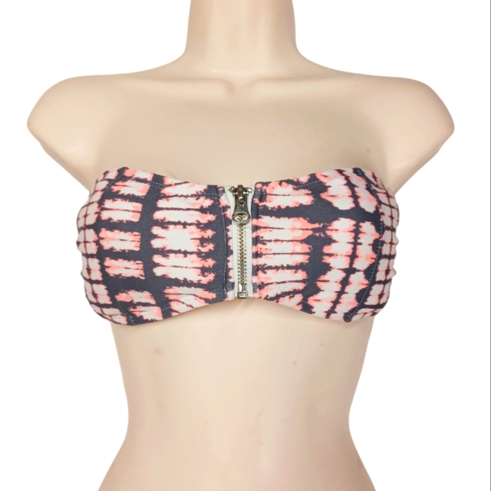 NEW NINETY SIX DEGREES Gray Pink Tie Dye Front Zipper Strapless Bikini Top M
